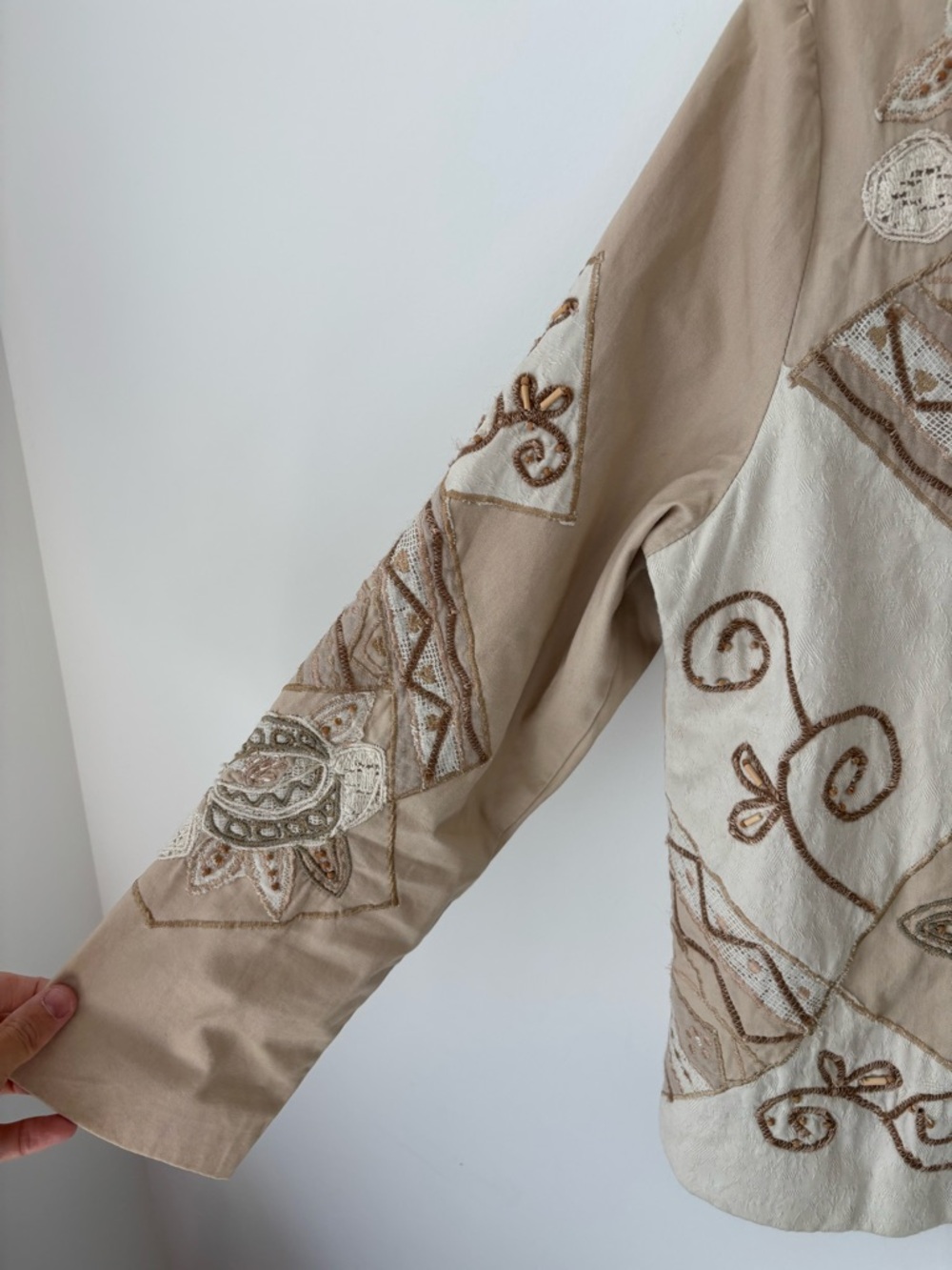 Vintage TanJay Embroidered Patchwork Jacket Beige Boho Cotton Cropped Blazer - Picture 6 of 12